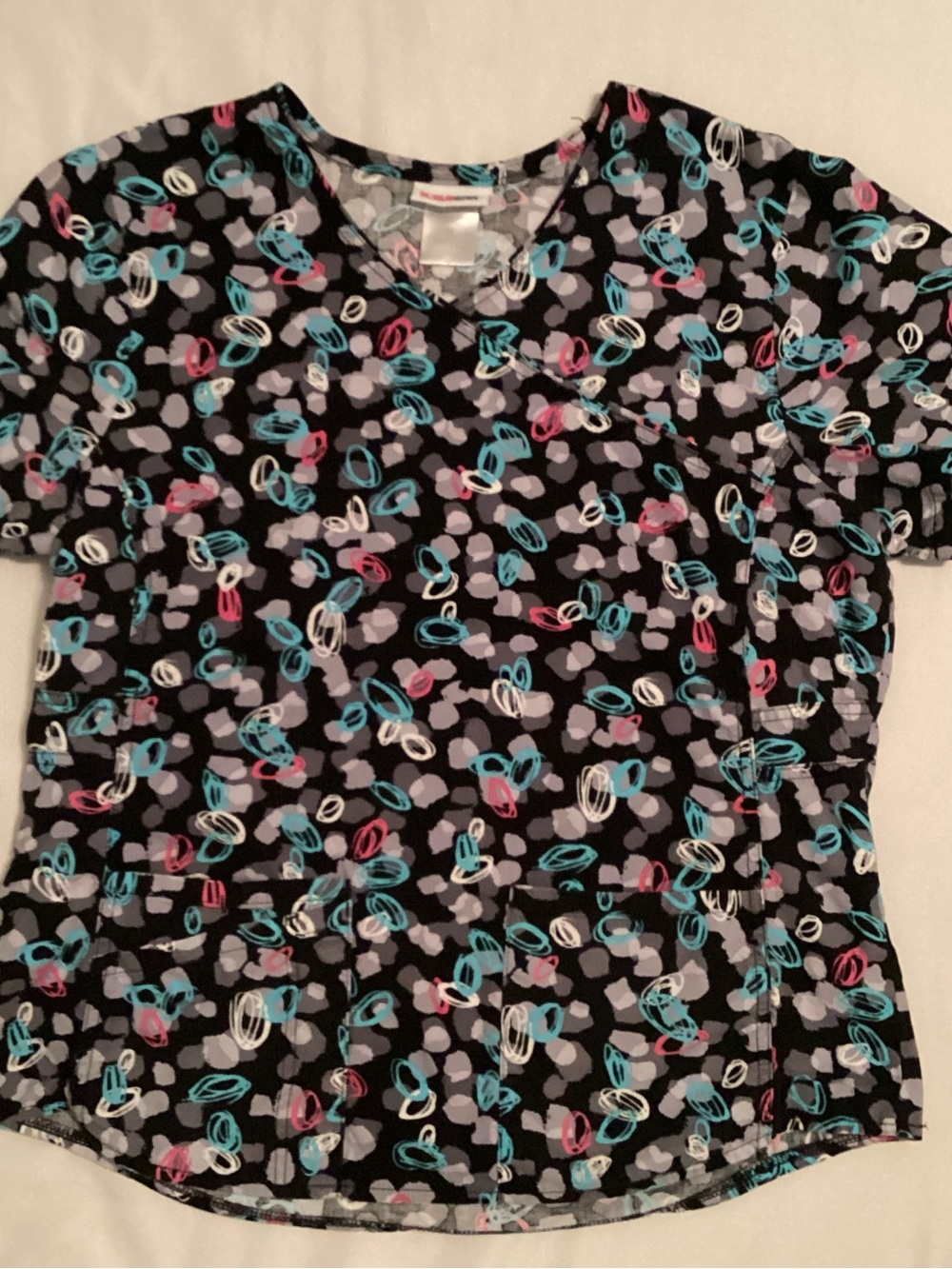 ScrubStar Ladies Black Multicolored Medical Scrubs Pullover V-Neck Top Size M